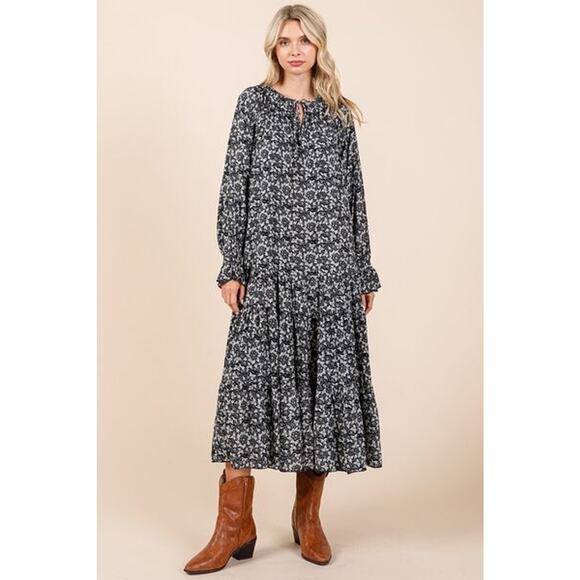 Mittoshop Printed Tie Neck Detail Flounce Sleeves Ruffled Midi Dress | Dark Navy - Picture 4 of 7